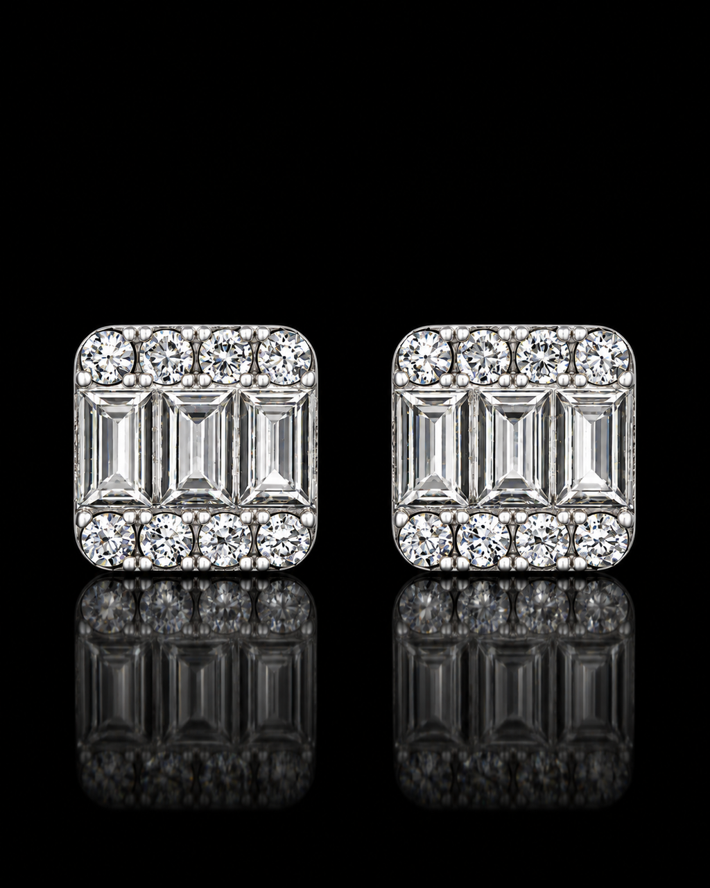 Emerald & Round Cut Moissanite Square Stud Earrings – 925 Sterling Silver