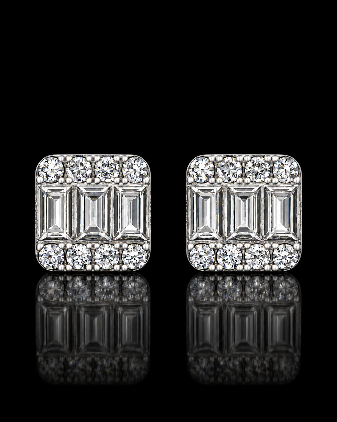 Emerald & Round Cut Moissanite Square Stud Earrings – 925 Sterling Silver