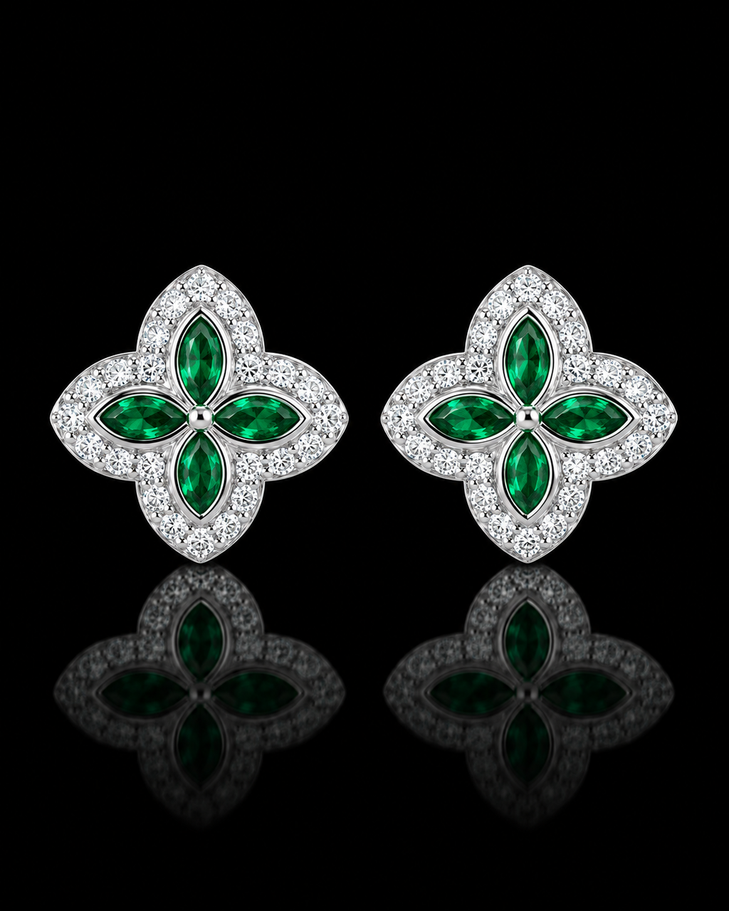 Emerald Green Floral Stud Earrings – 925 Sterling Silver