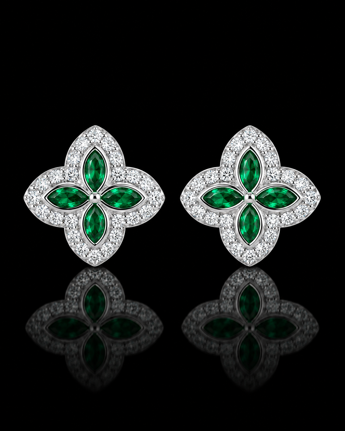 Emerald Green Floral Stud Earrings – 925 Sterling Silver