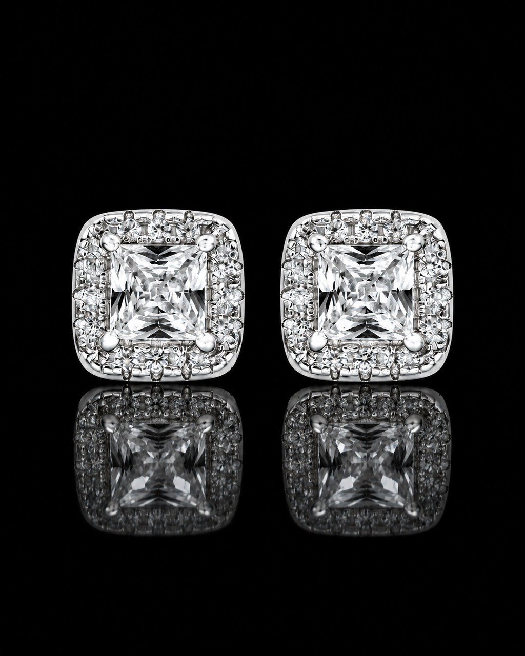 Princess Cut Halo Stud Earrings – 925 Sterling Silver