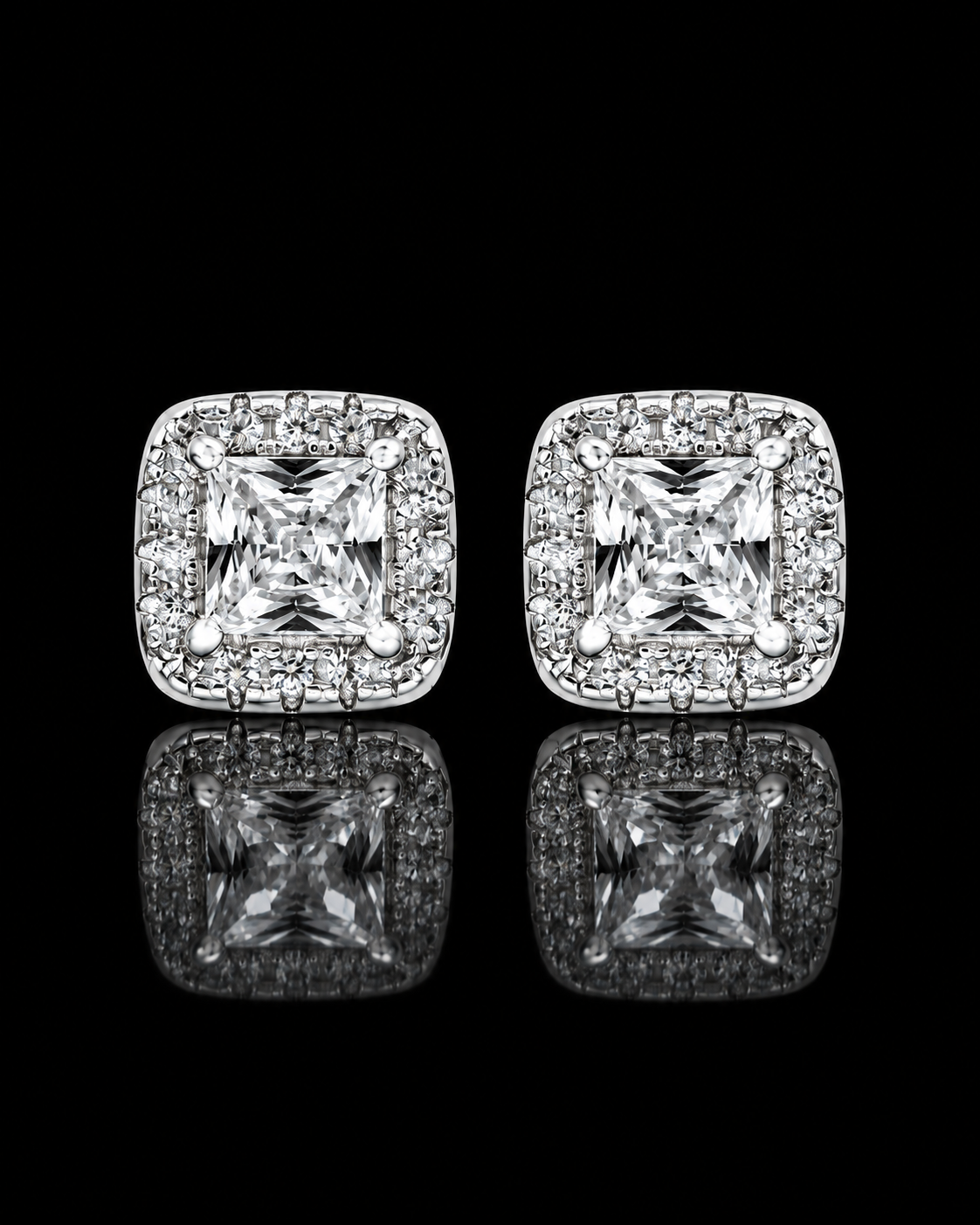 Princess Cut Halo Stud Earrings – 925 Sterling Silver
