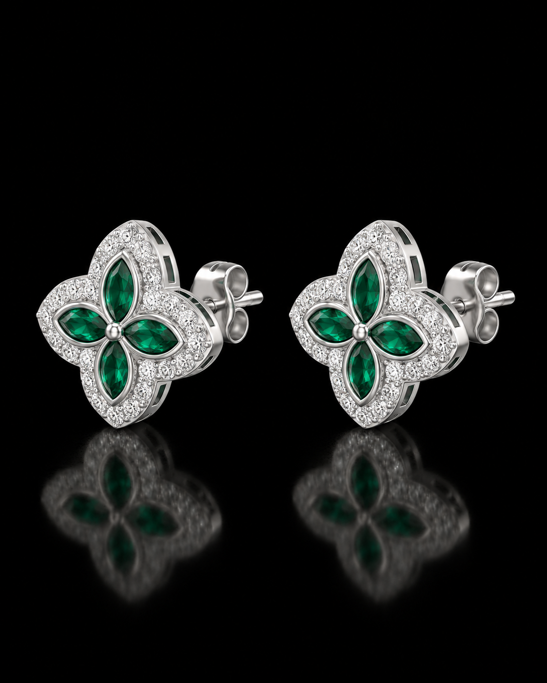 Emerald Green Floral Stud Earrings – 925 Sterling Silver