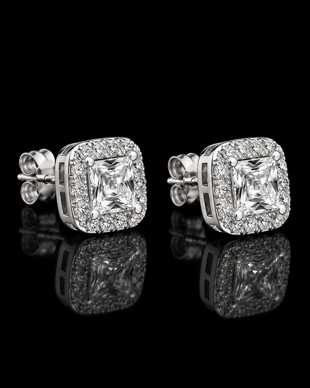 Princess Cut Halo Stud Earrings – 925 Sterling Silver