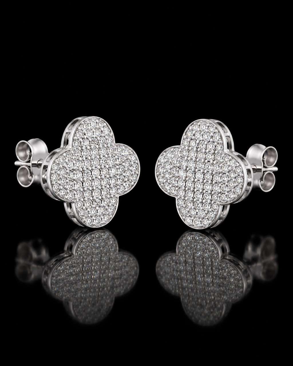 Iced-Out Four-Leaf Clover Stud Earrings – 925 Sterling Silver