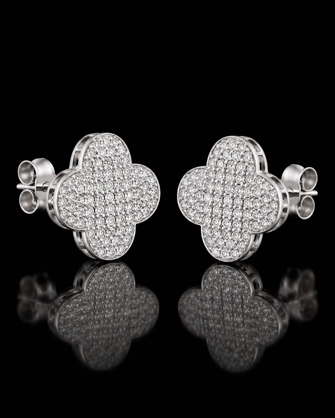 Iced-Out Four-Leaf Clover Stud Earrings – 925 Sterling Silver