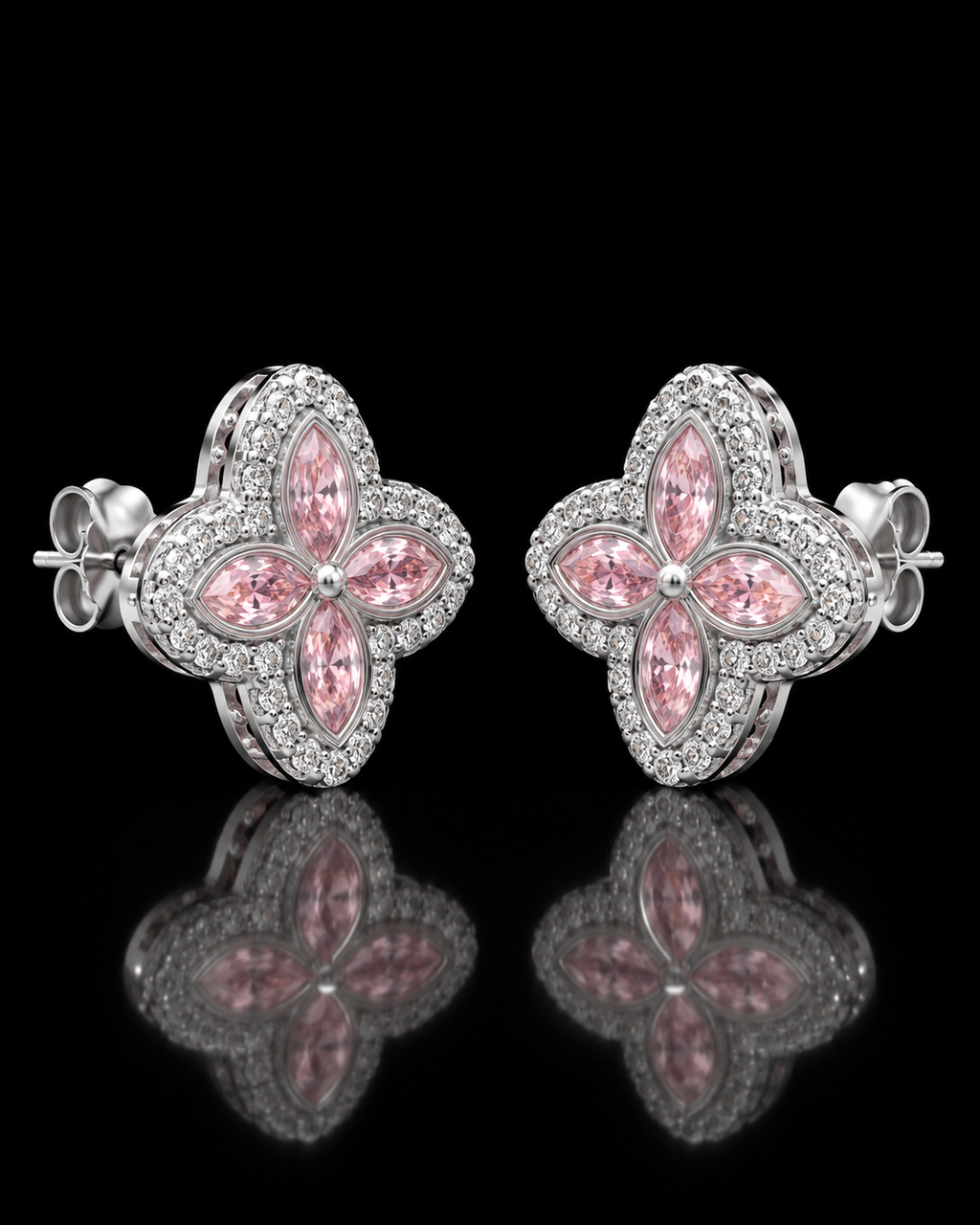 Pink Marquise Clover Moissanite Stud Earrings – 925 Sterling Silver
