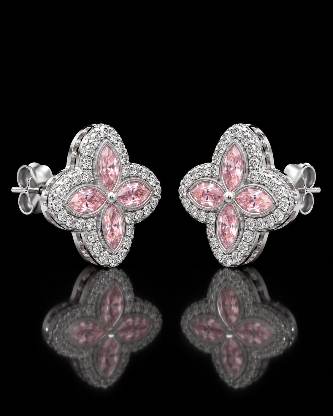Pink Marquise Clover Moissanite Stud Earrings – 925 Sterling Silver