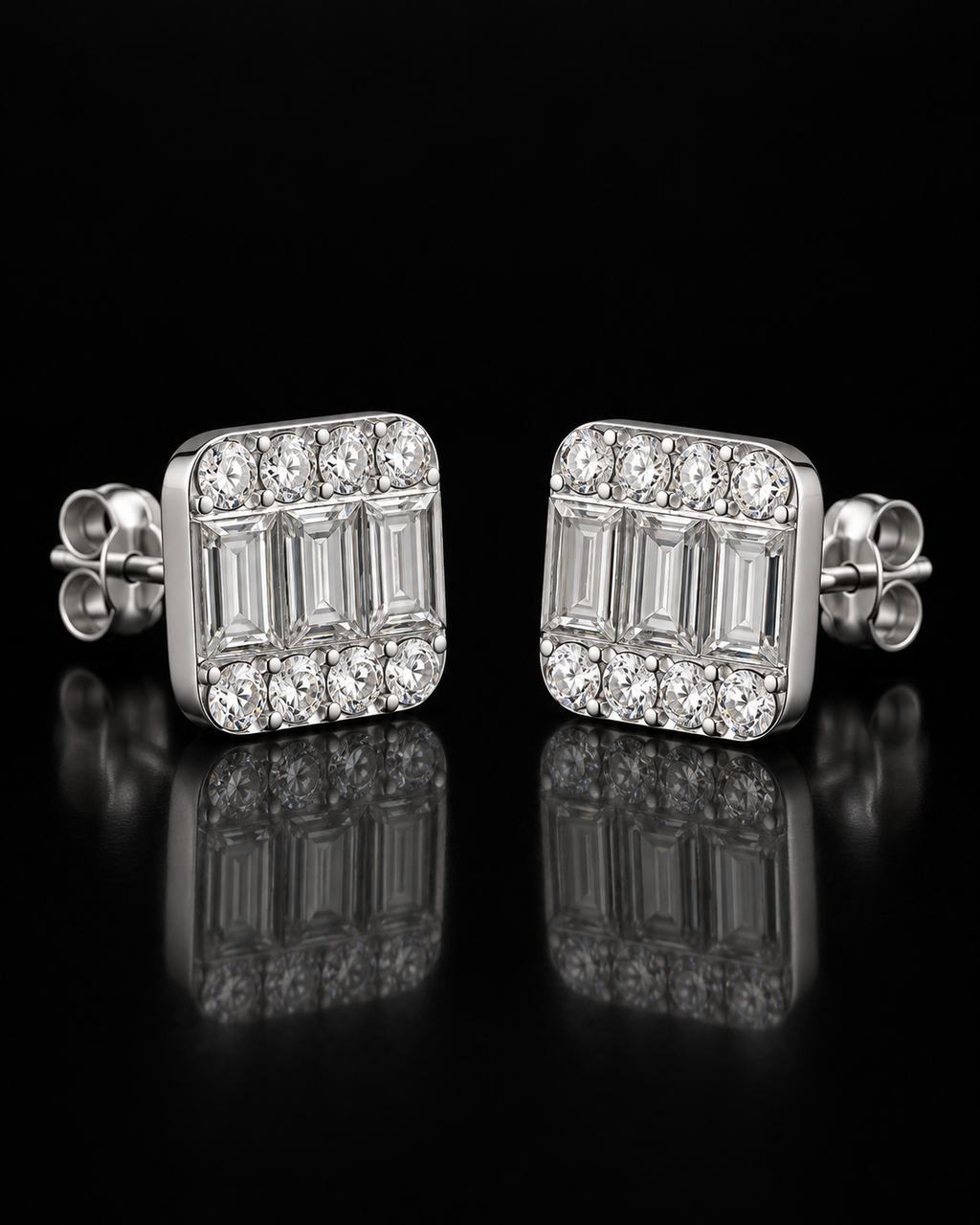 Emerald & Round Cut Moissanite Square Stud Earrings – 925 Sterling Silver
