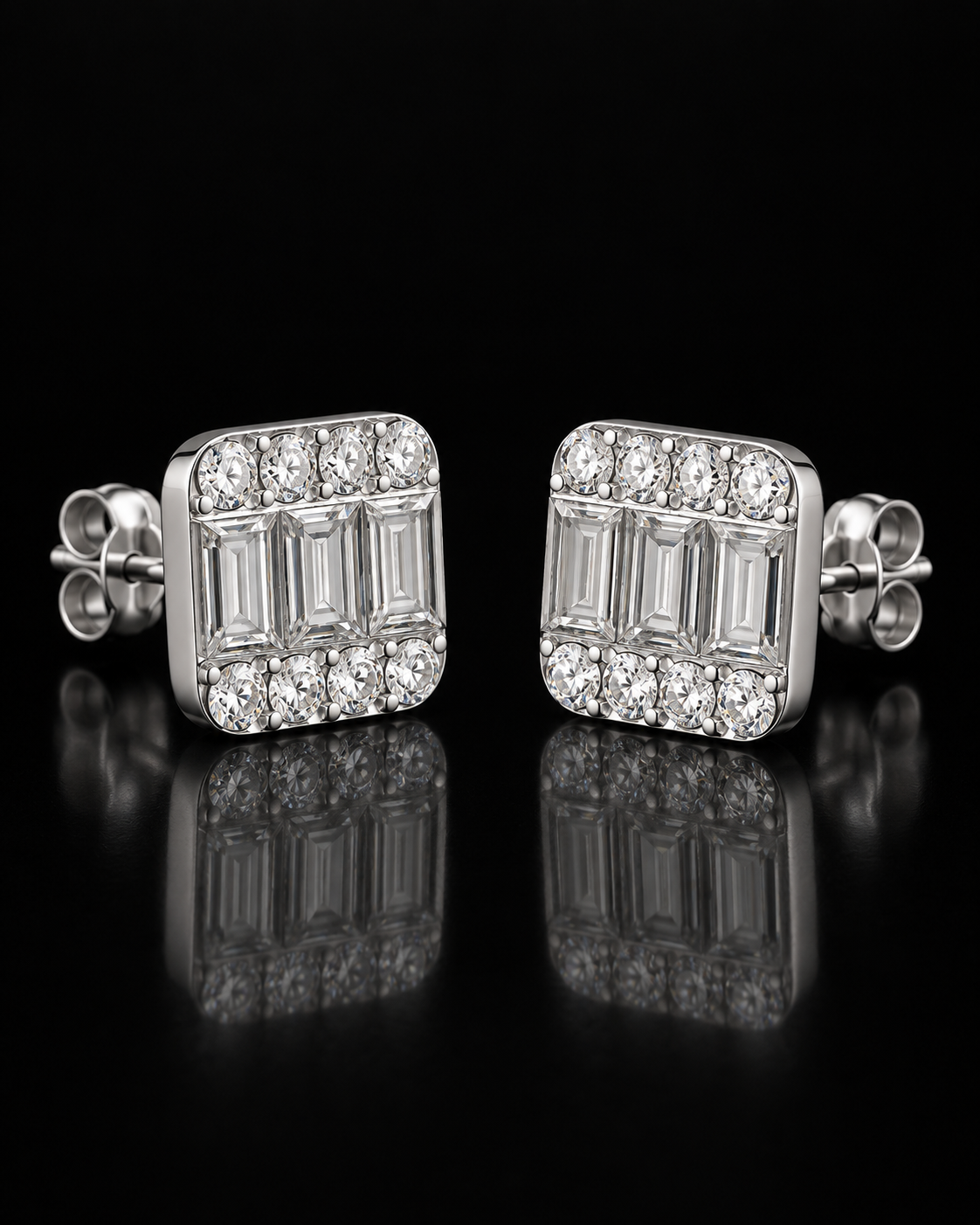 Emerald & Round Cut Moissanite Square Stud Earrings – 925 Sterling Silver