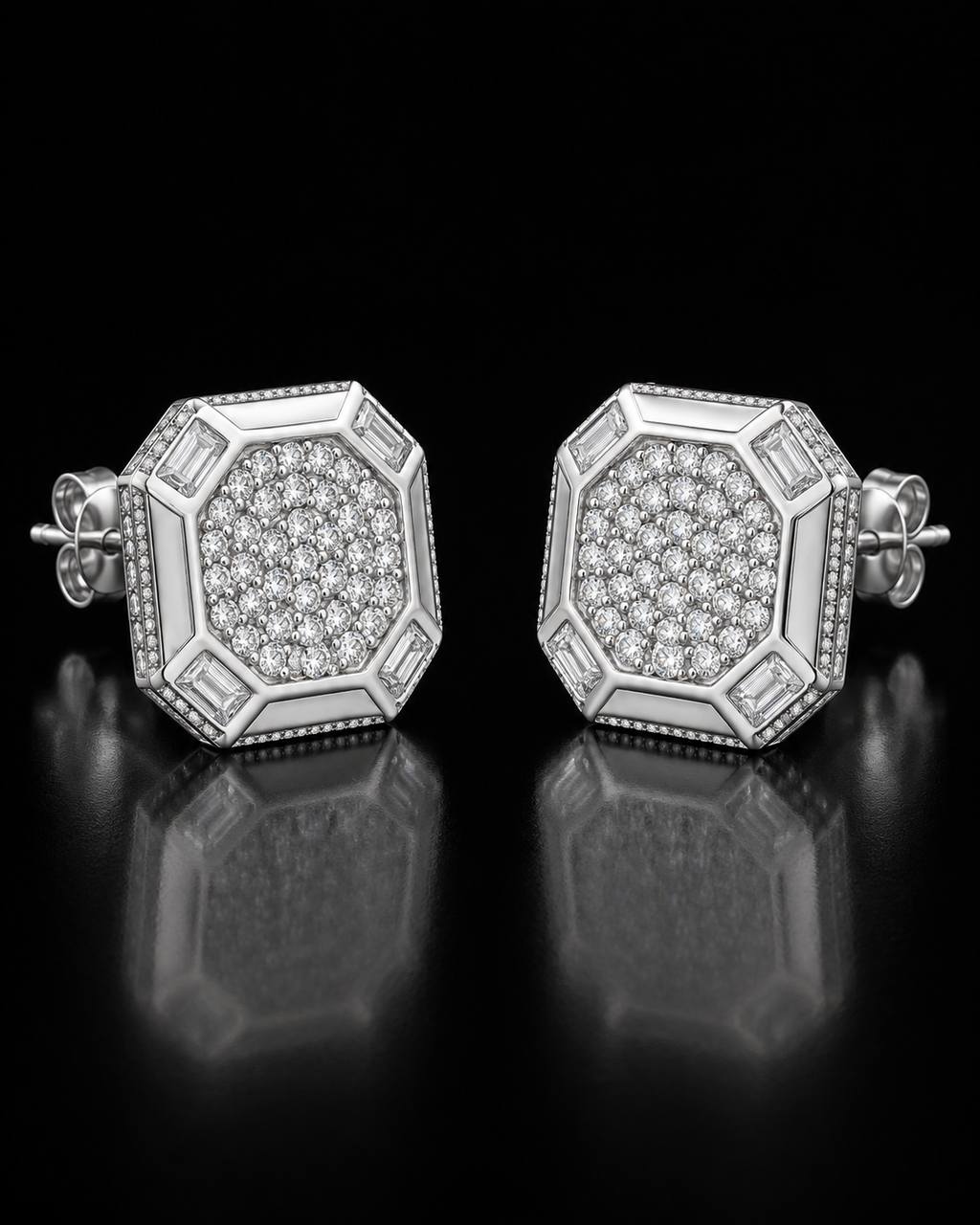 Octagon Iced-Out Moissanite Stud Earrings – 925 Sterling Silver