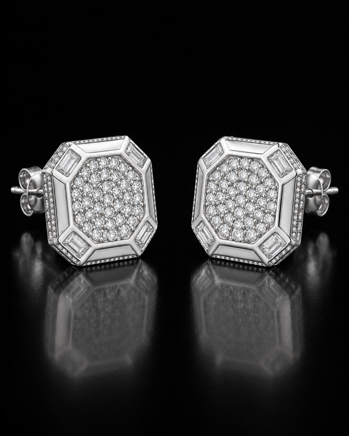 Octagon Iced-Out Moissanite Stud Earrings – 925 Sterling Silver