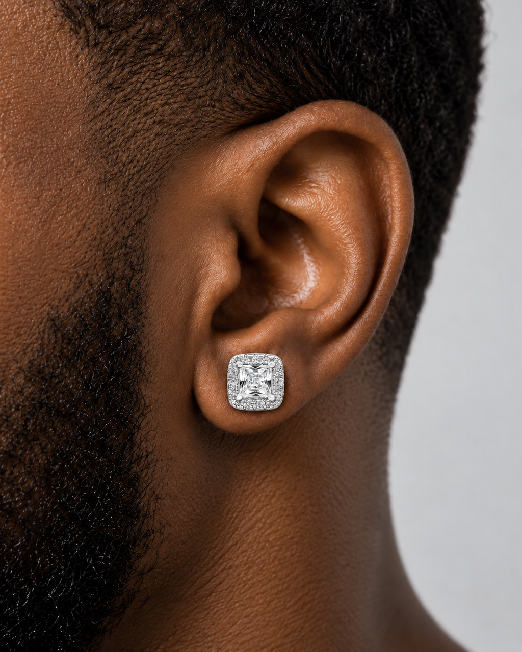 Princess Cut Halo Stud Earrings – 925 Sterling Silver