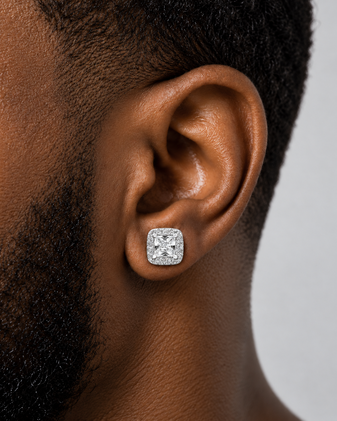 Princess Cut Halo Stud Earrings – 925 Sterling Silver
