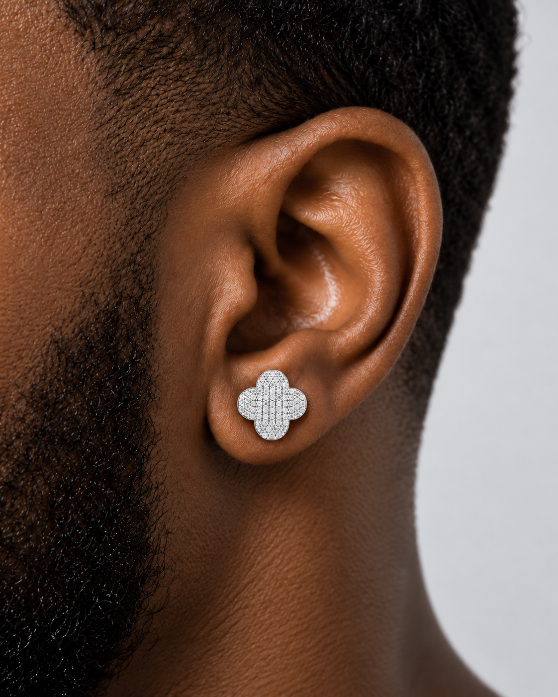 Iced-Out Four-Leaf Clover Stud Earrings – 925 Sterling Silver