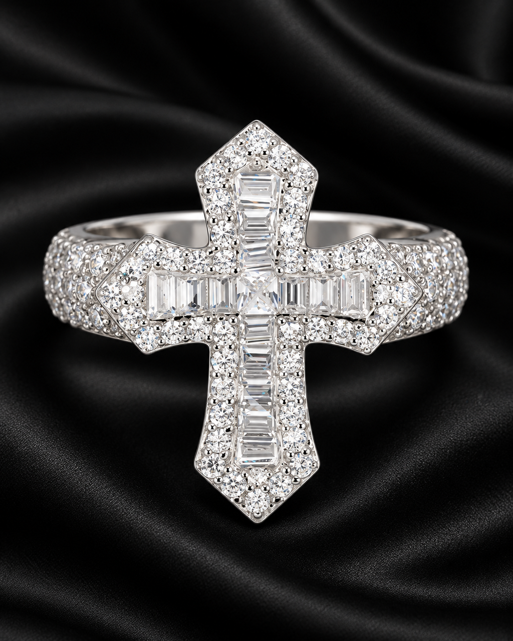 Baguette Cross Moissanite Statement Ring – 925 Sterling Silver