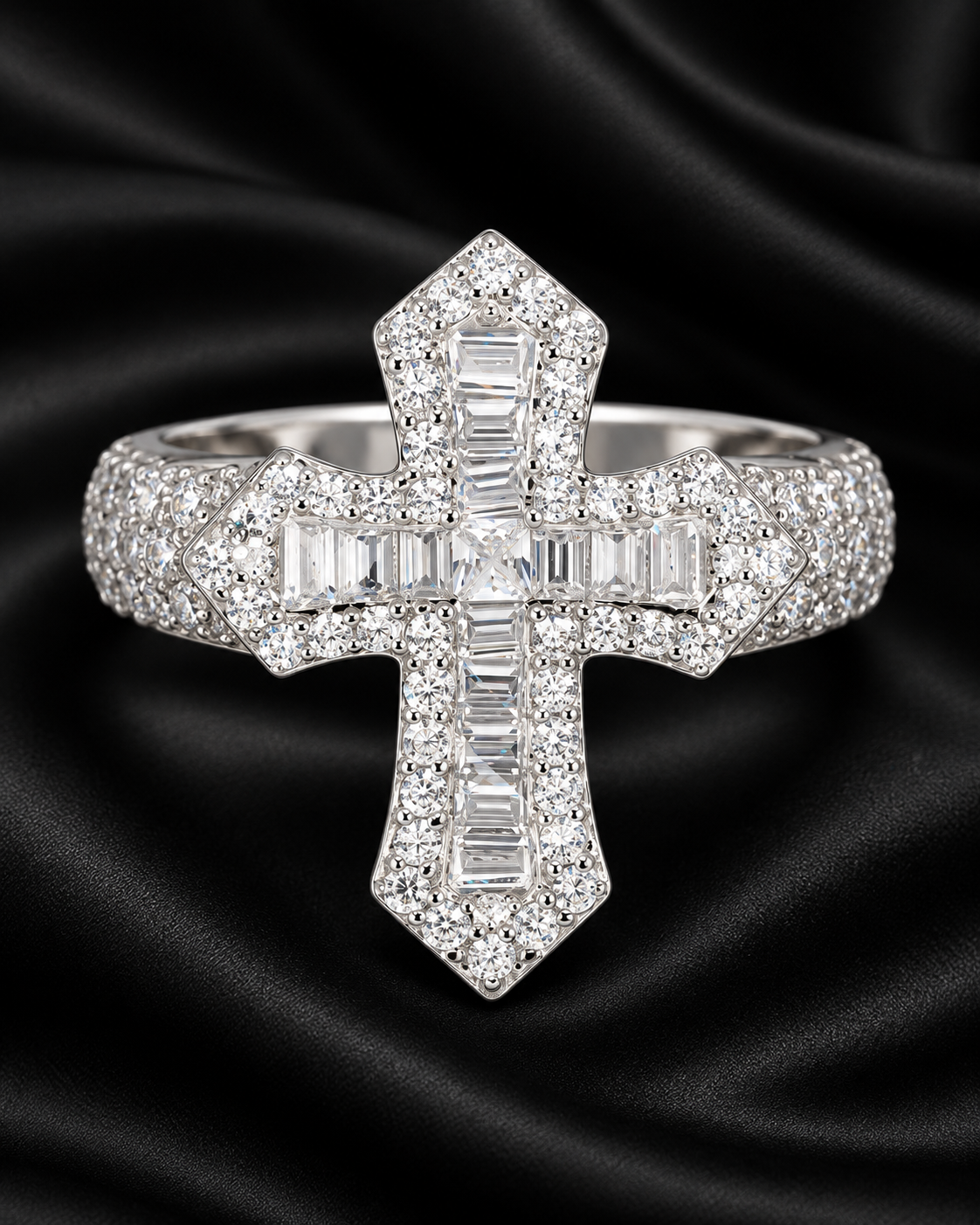 Baguette Cross Moissanite Statement Ring – 925 Sterling Silver
