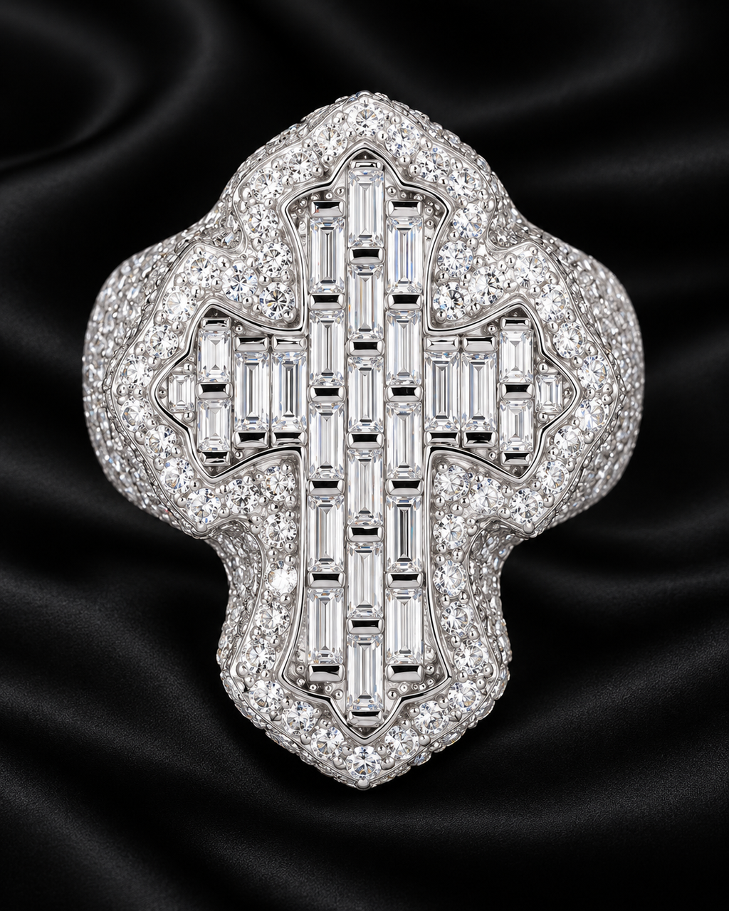 Baguette Cross Statement Ring – VVS Moissanite 925 Sterling Silver Iced-Out Ring