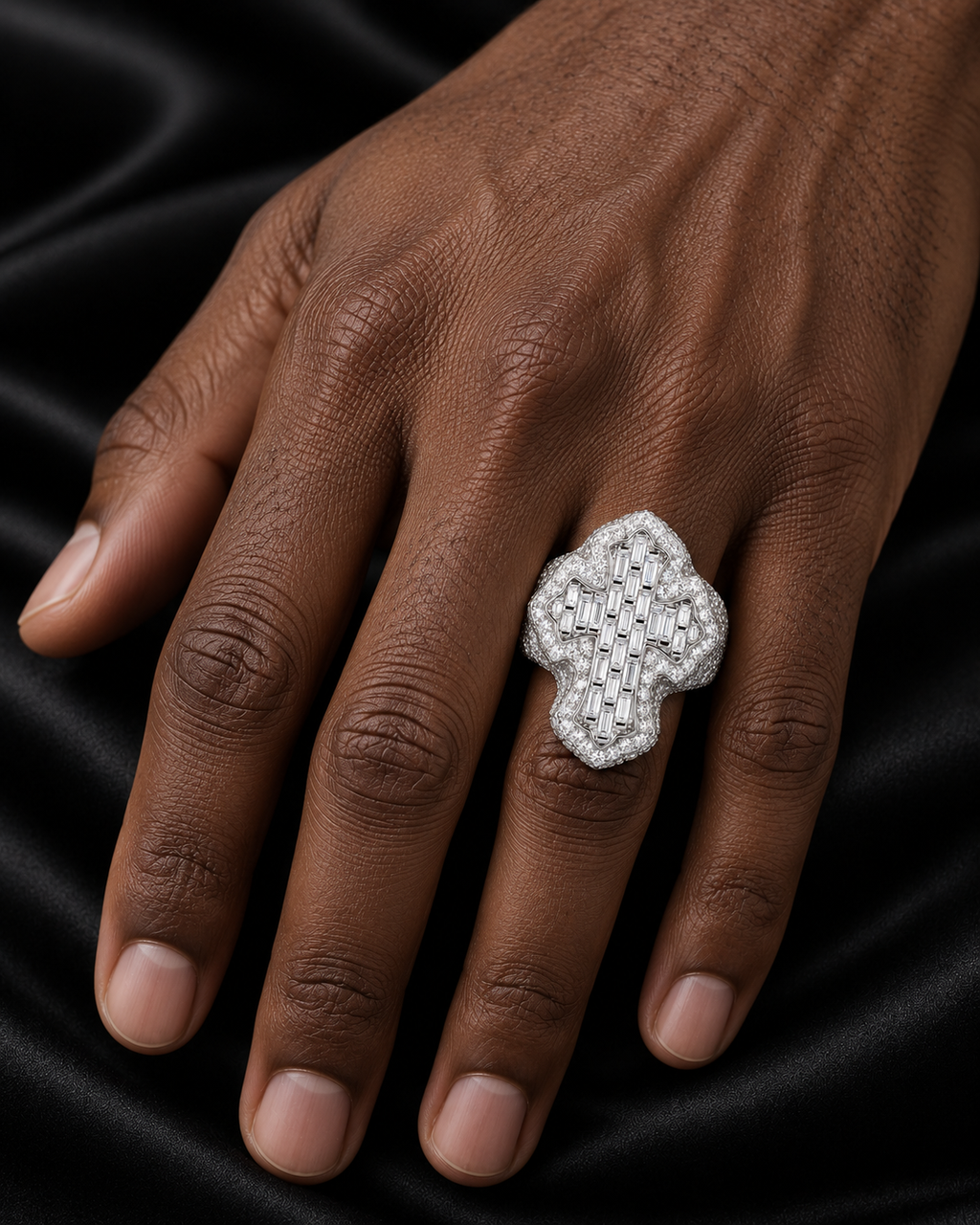 Baguette Cross Statement Ring – VVS Moissanite 925 Sterling Silver Iced-Out Ring