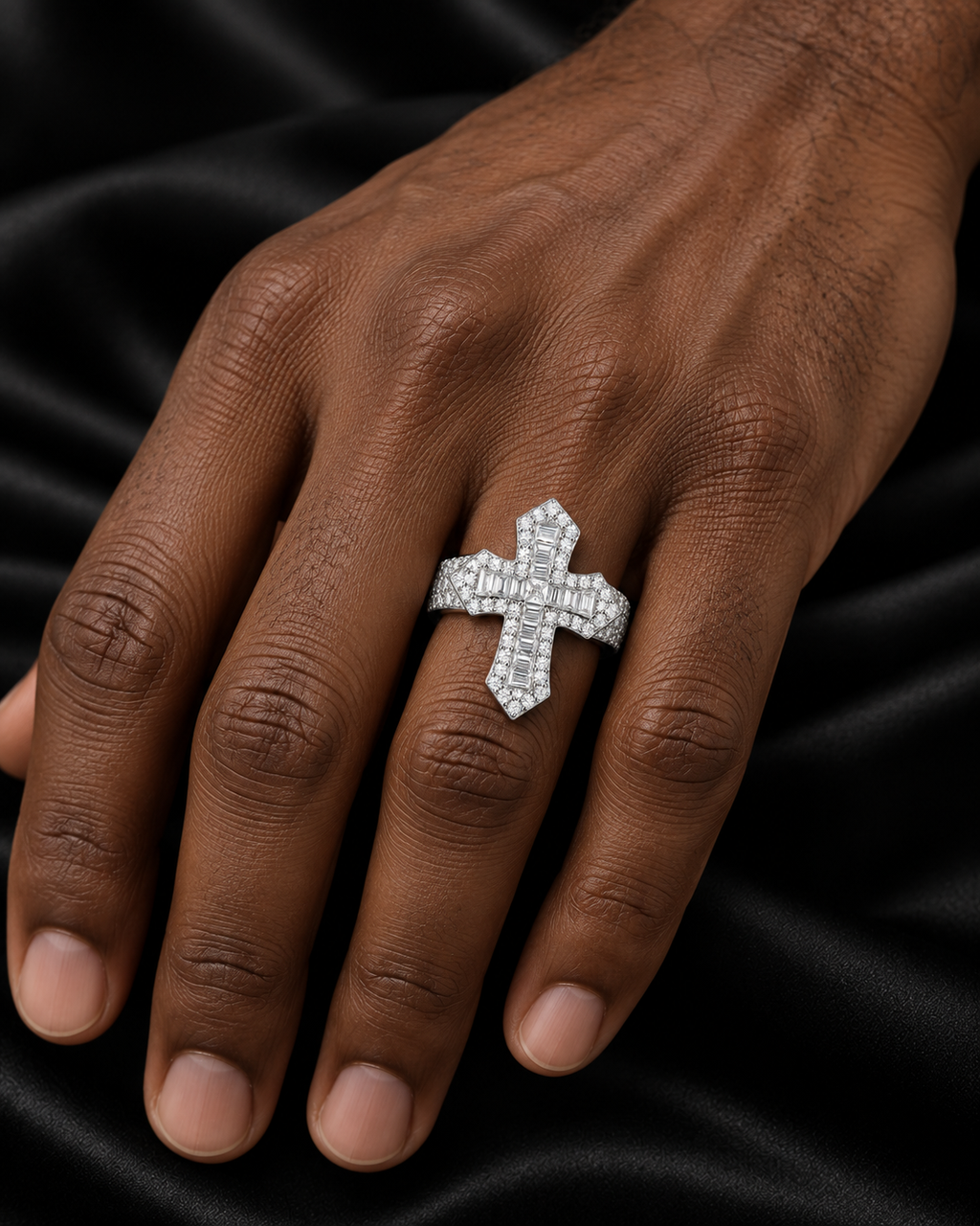 Baguette Cross Moissanite Statement Ring – 925 Sterling Silver