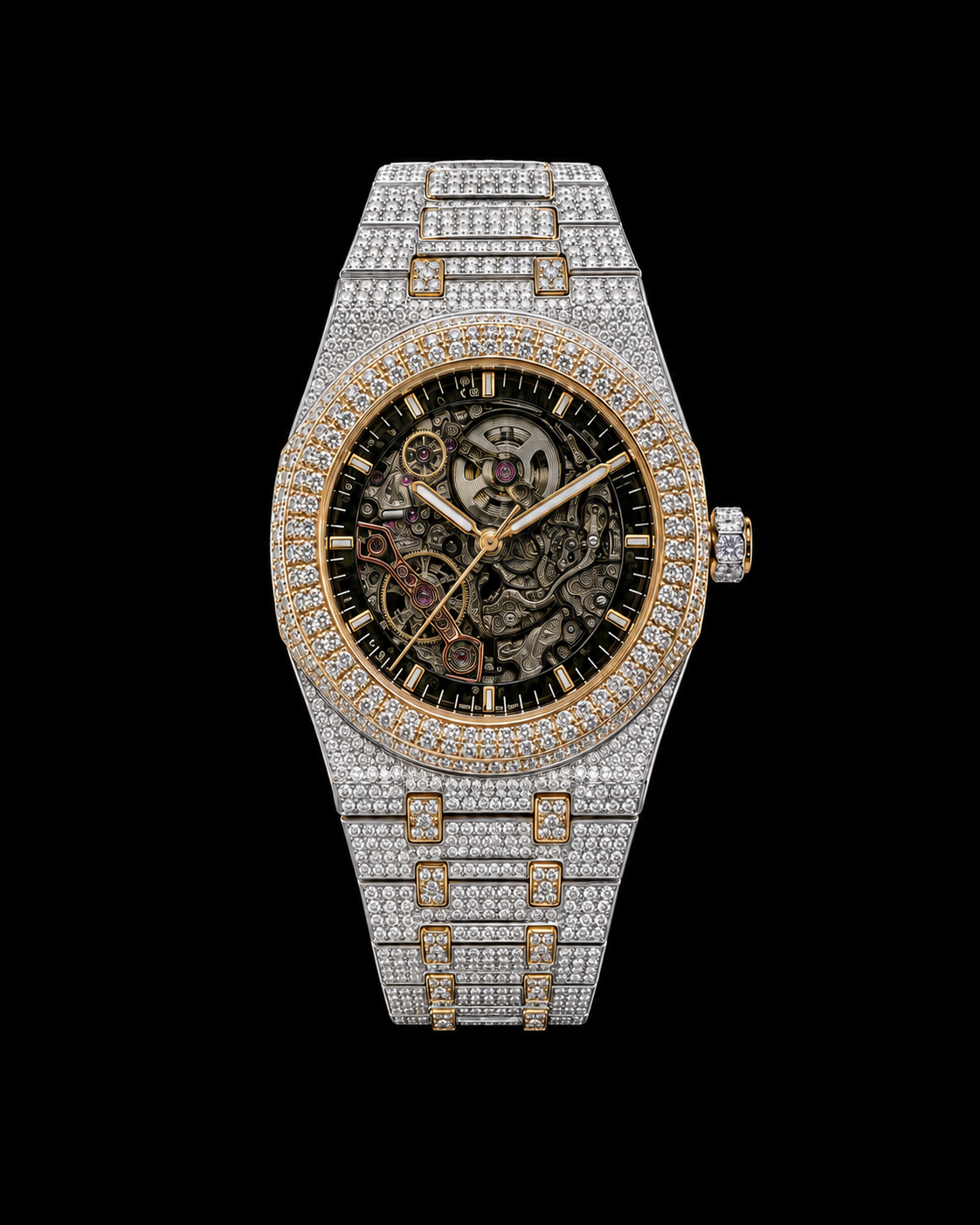 Men’s Fully Iced-Out Skeleton Timepiece – Dual-Tone Finish