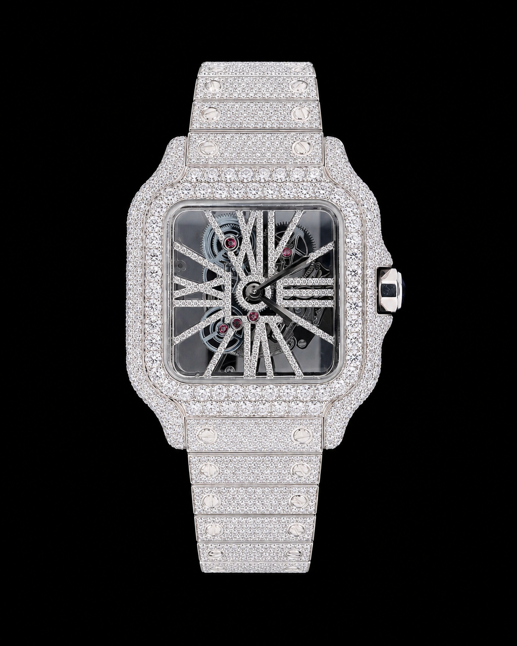 Men’s Fully Iced-Out Skeleton Square Watch – VVS Moissanite