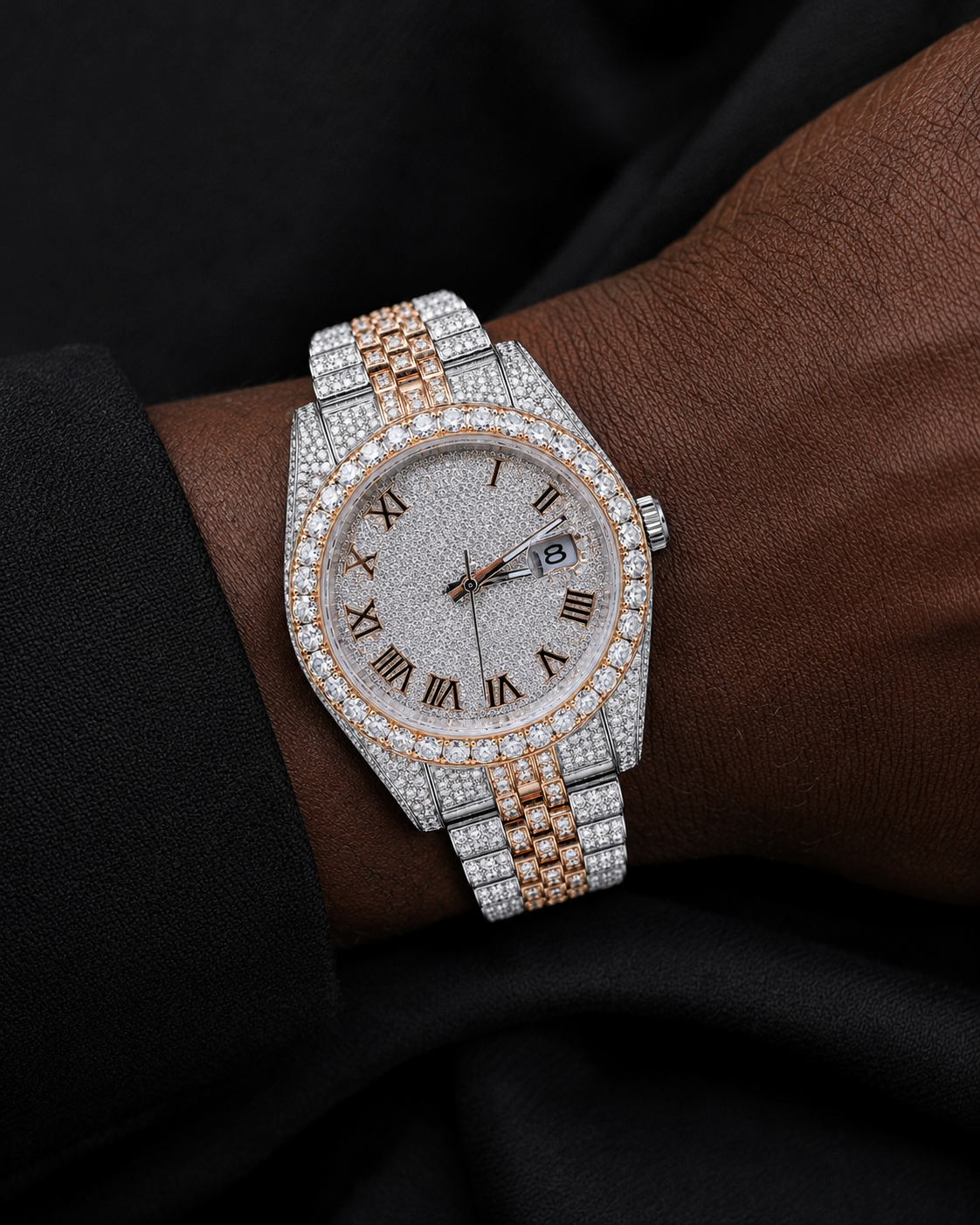 Two-Tone VVS Moissanite Iced-Out Watch | Rose Gold & Silver Roman Dial