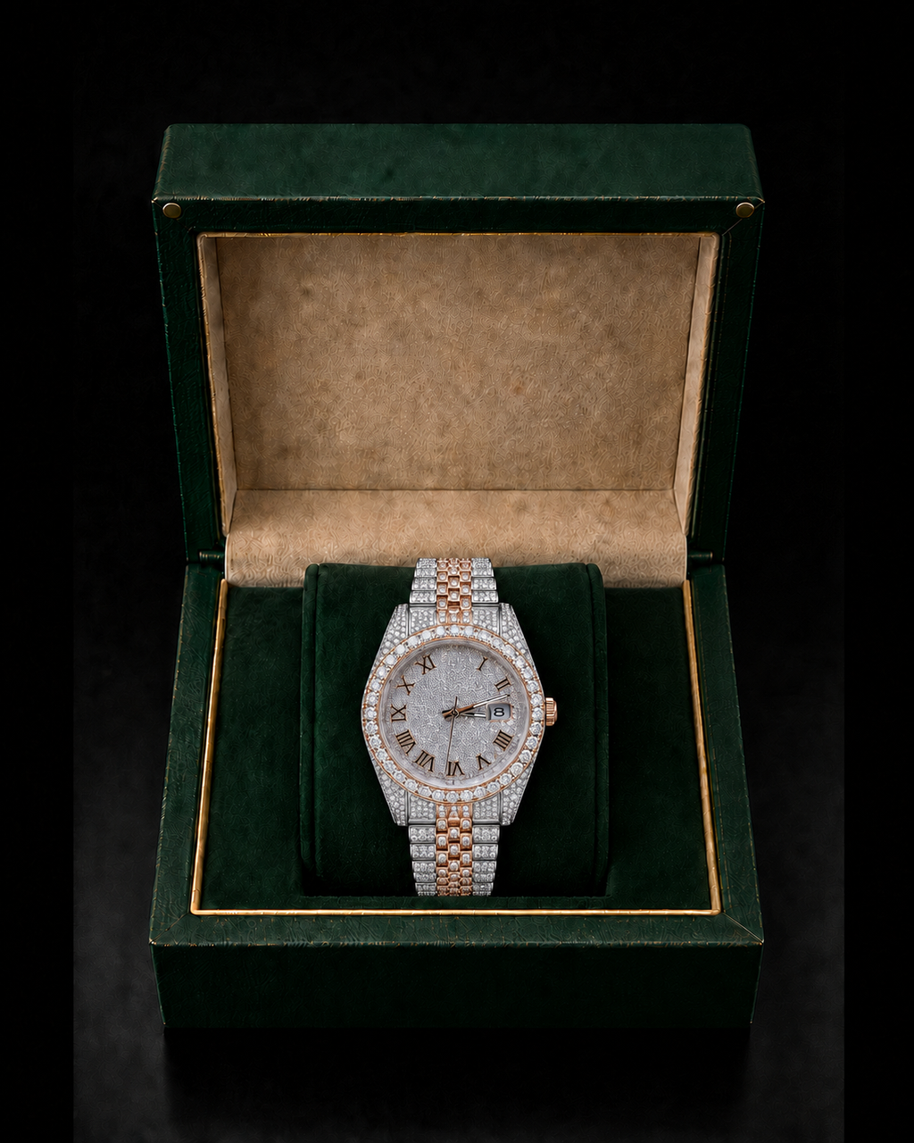 Two-Tone VVS Moissanite Iced-Out Watch | Rose Gold & Silver Roman Dial