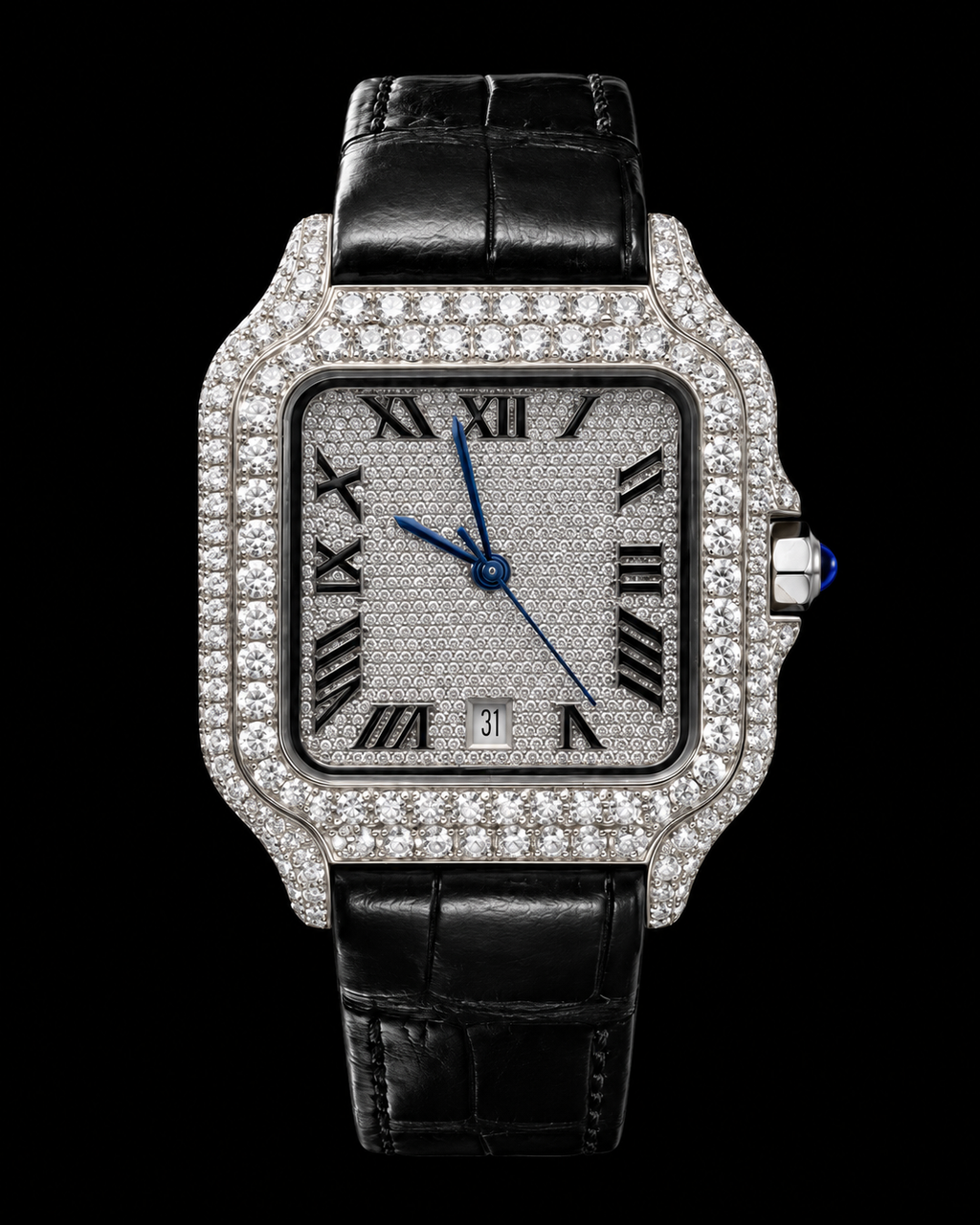 41MM Iced-Out Moissanite Watch with Black Leather Strap – VVS Moissanite