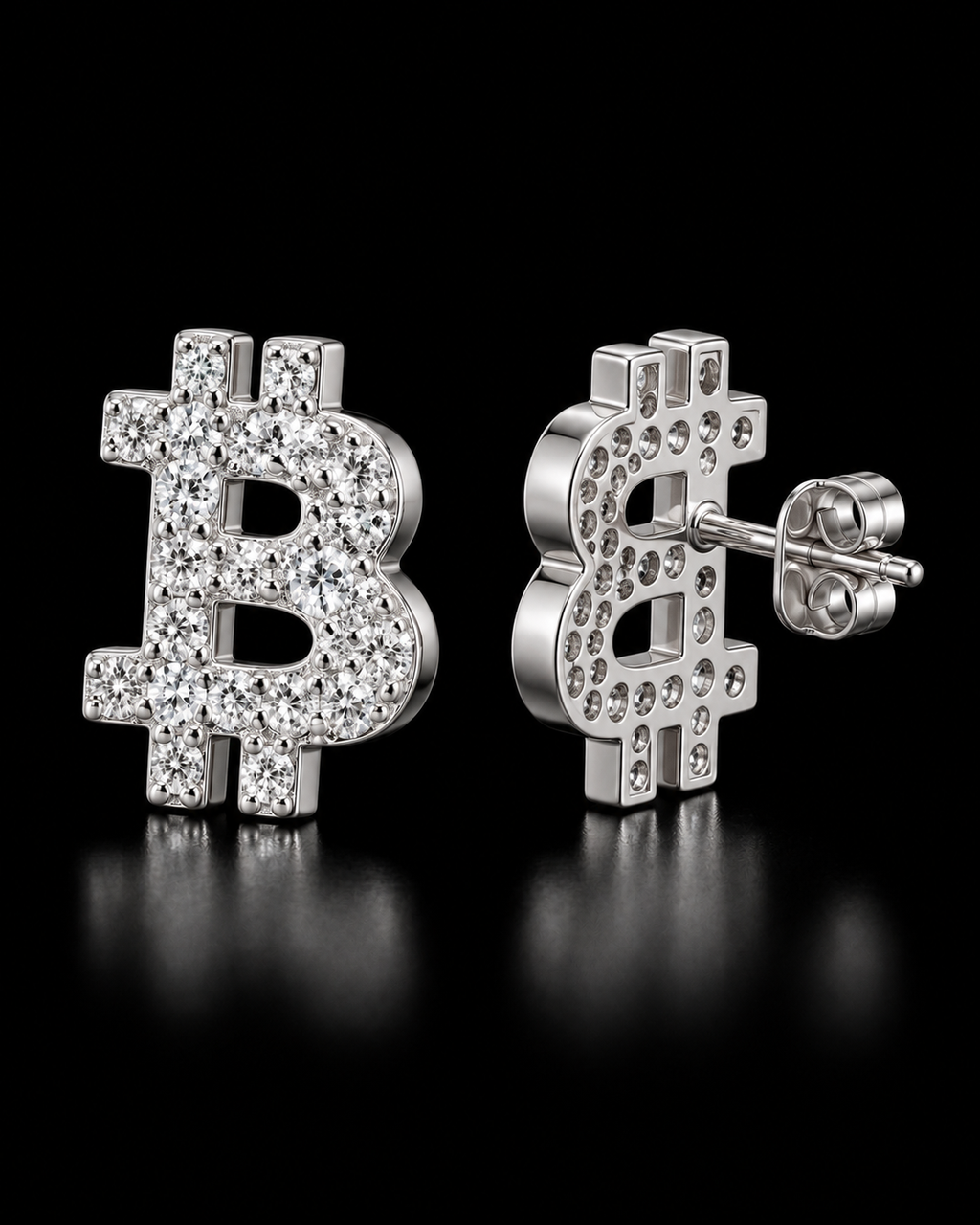 Bitcoin Moissanite Iced-Out Stud Earrings – 925 Sterling Silver