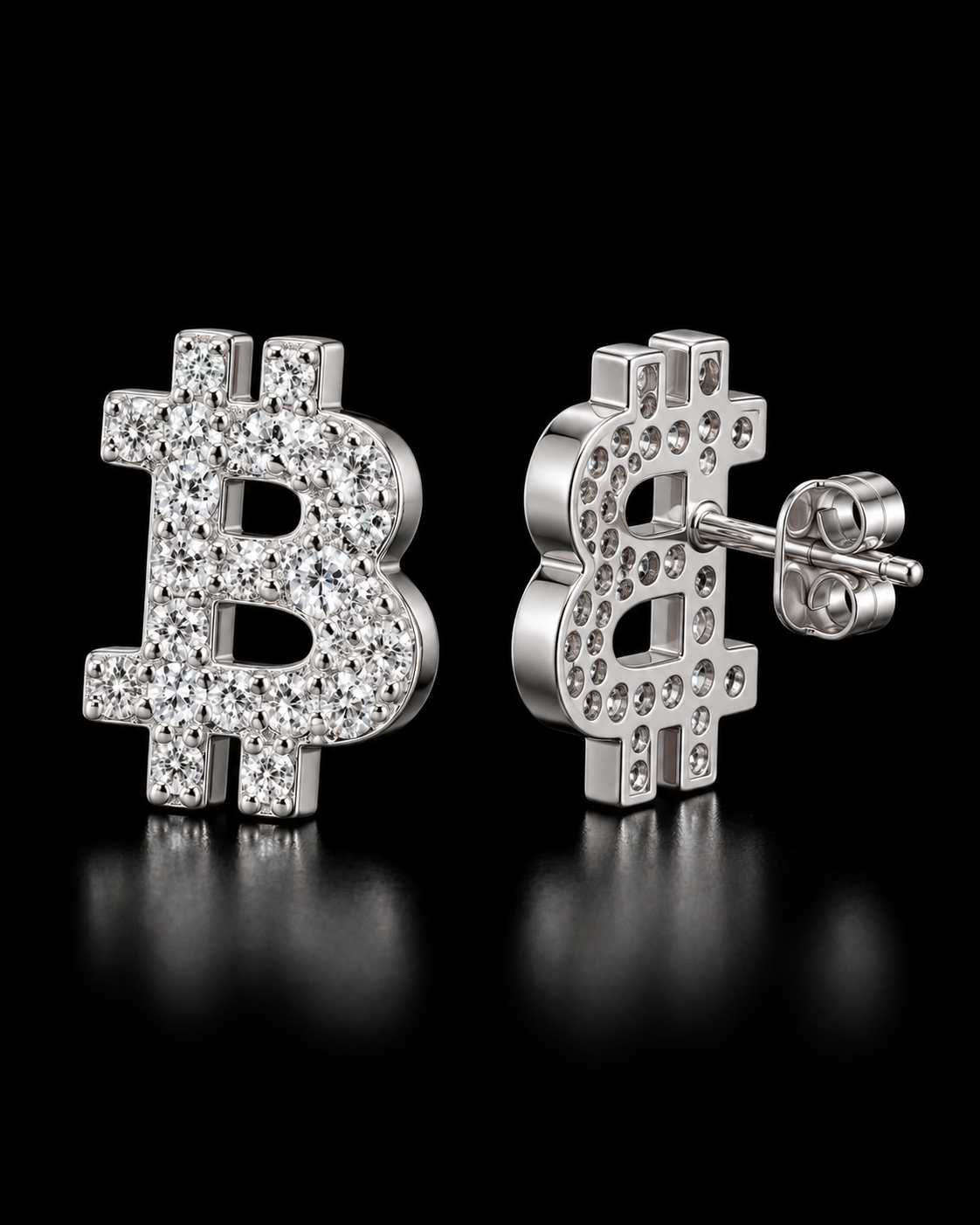 Bitcoin Moissanite Iced-Out Stud Earrings – 925 Sterling Silver
