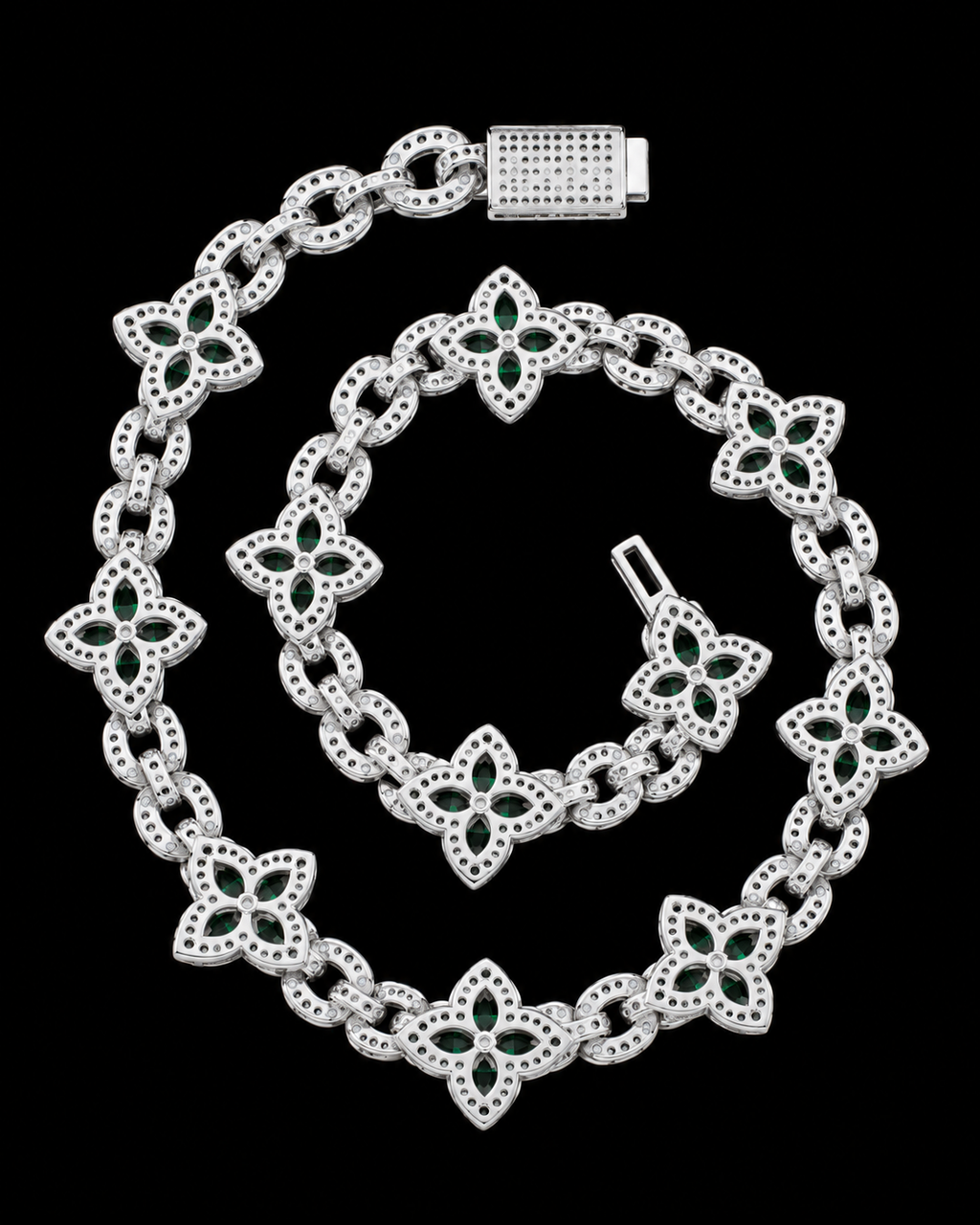 Green Floral Moissanite Link Chain – 925 Sterling Silver