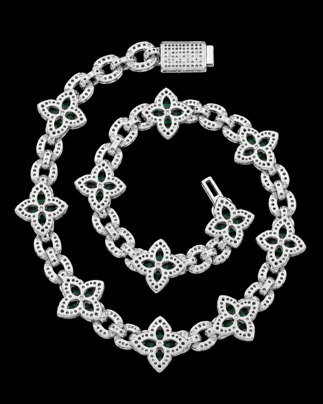 Green Floral Moissanite Link Chain – 925 Sterling Silver