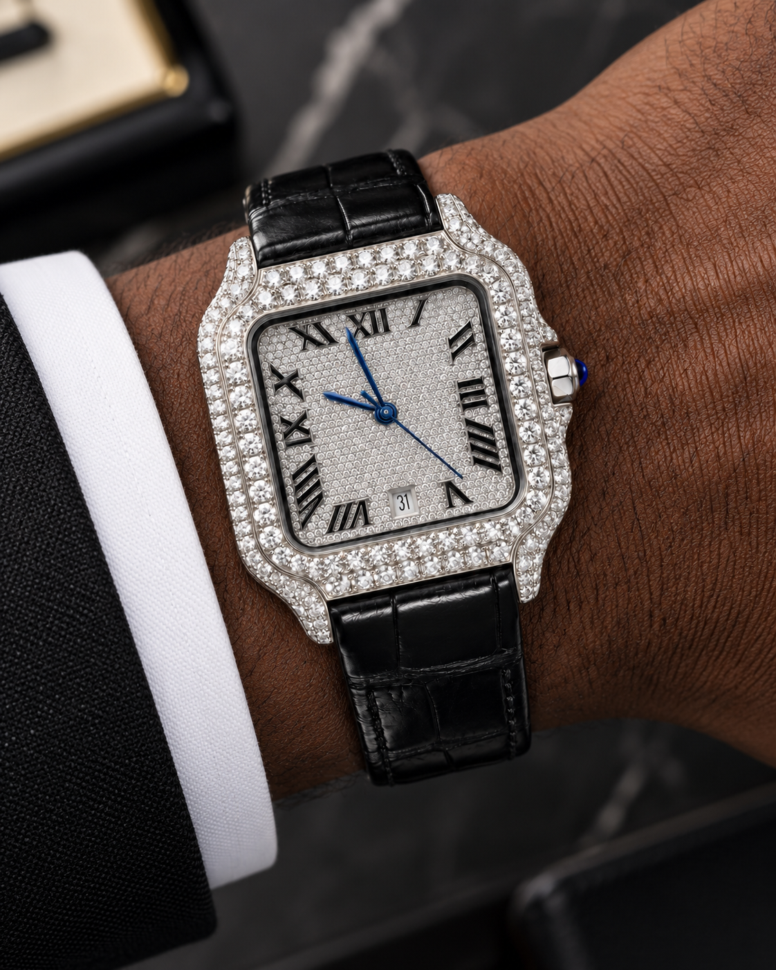41MM Iced-Out Moissanite Watch with Black Leather Strap – VVS Moissanite