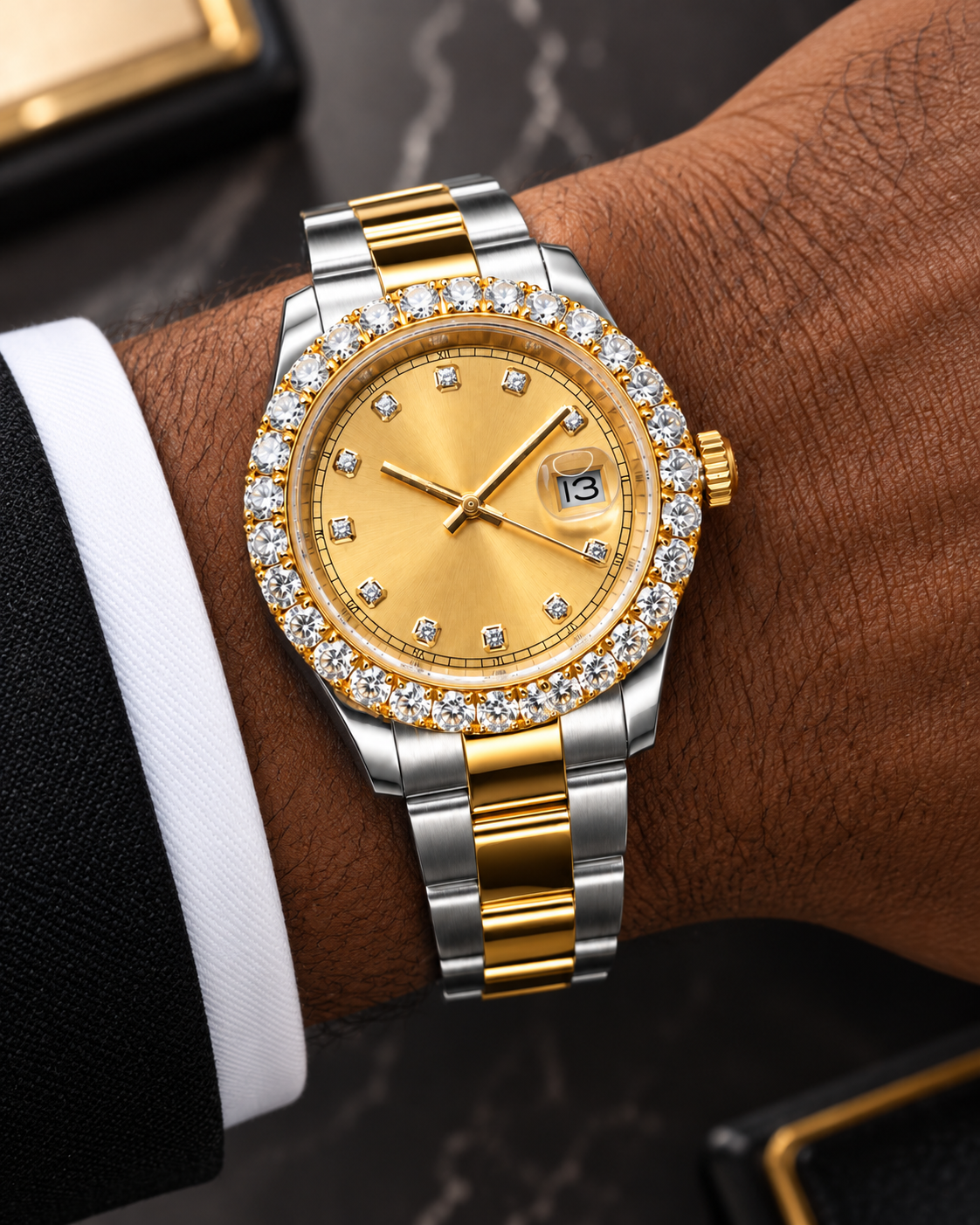 Two-Tone Moissanite Bezel Watch – Gold Dial & Diamond Hour Markers