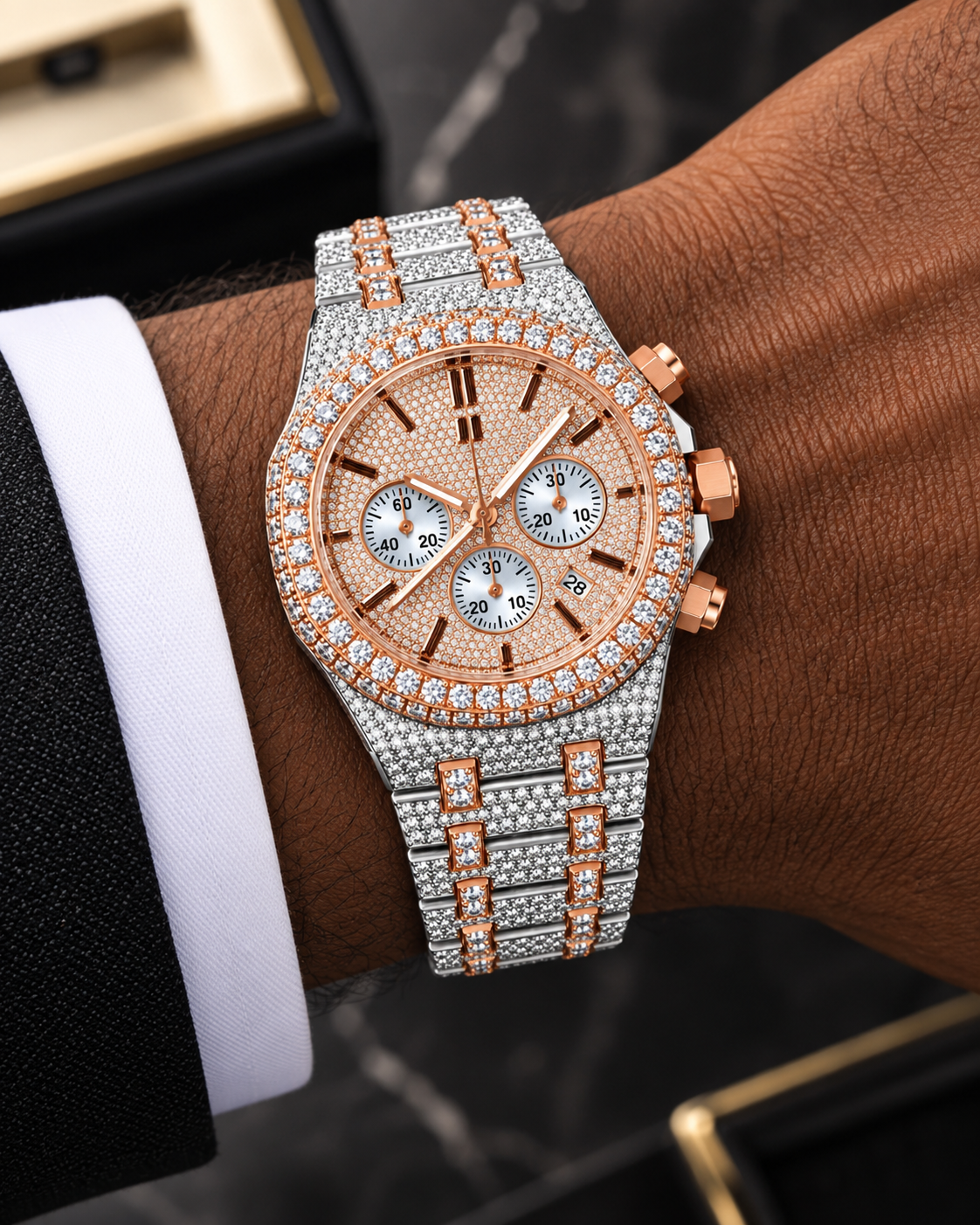 41MM Rose Gold Two-Tone Iced-Out Moissanite Chronograph Watch
