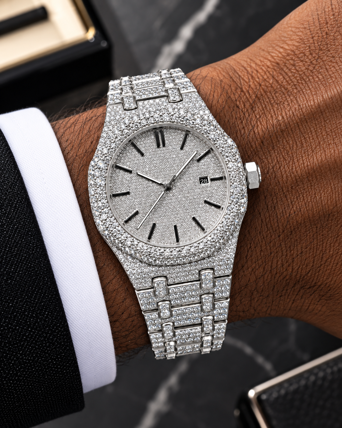 41MM Full Iced-Out Moissanite Watch – Silver Pave Dial & Bracelet