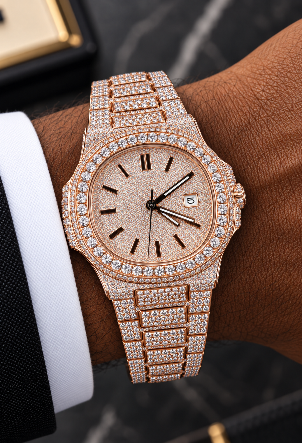 41MM Rose Gold Full Iced-Out Moissanite Watch – Pave Dial & Bracelet