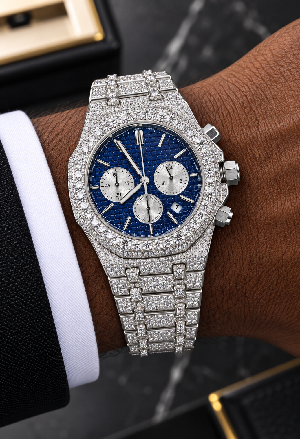 41MM Full Iced-Out Moissanite Chronograph Watch – Royal Blue Dial