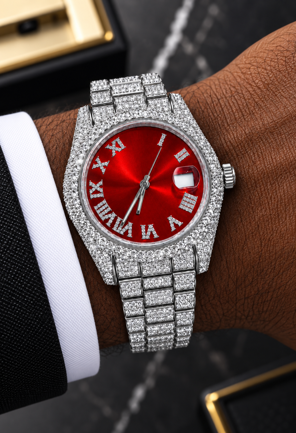41MM Red Dial Full Iced-Out Moissanite Watch – Silver Tone