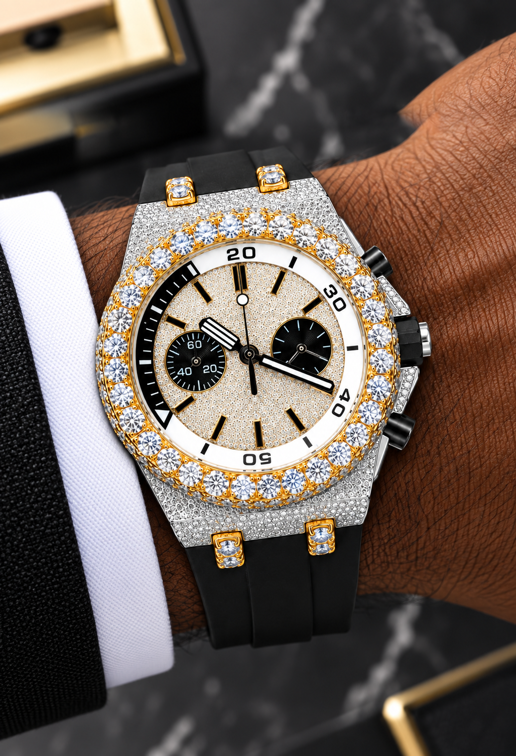 41MM Two-Tone Iced-Out Moissanite Chronograph Watch – Black Rubber Strap