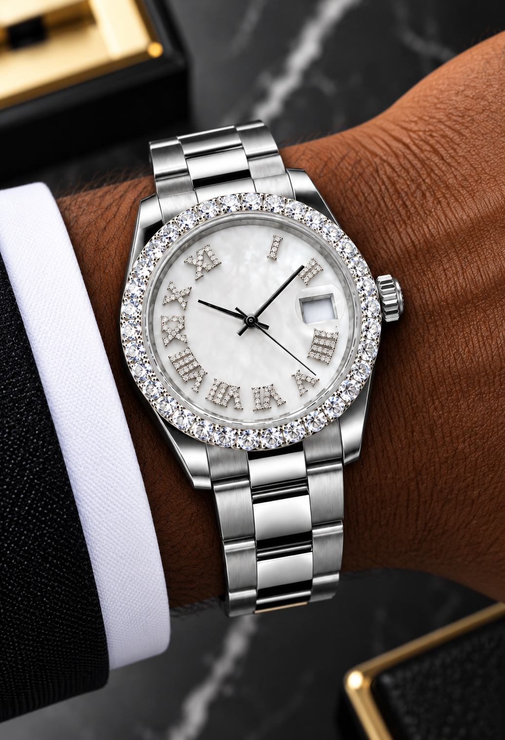41MM Moissanite Bezel Watch – Mother of Pearl Dial & Silver Bracelet