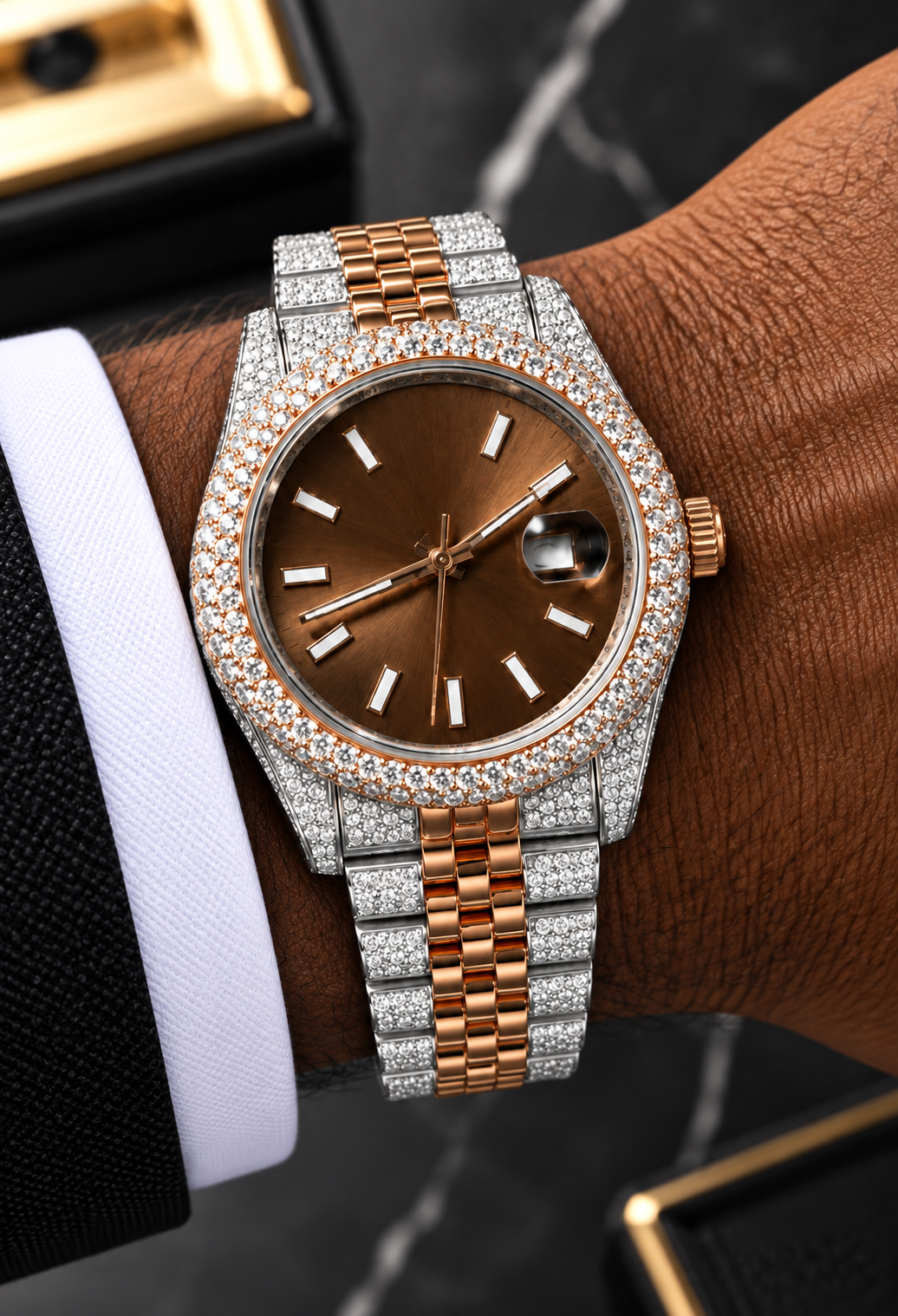 41MM Two-Tone Moissanite Diamond Watch – Chocolate Dial
