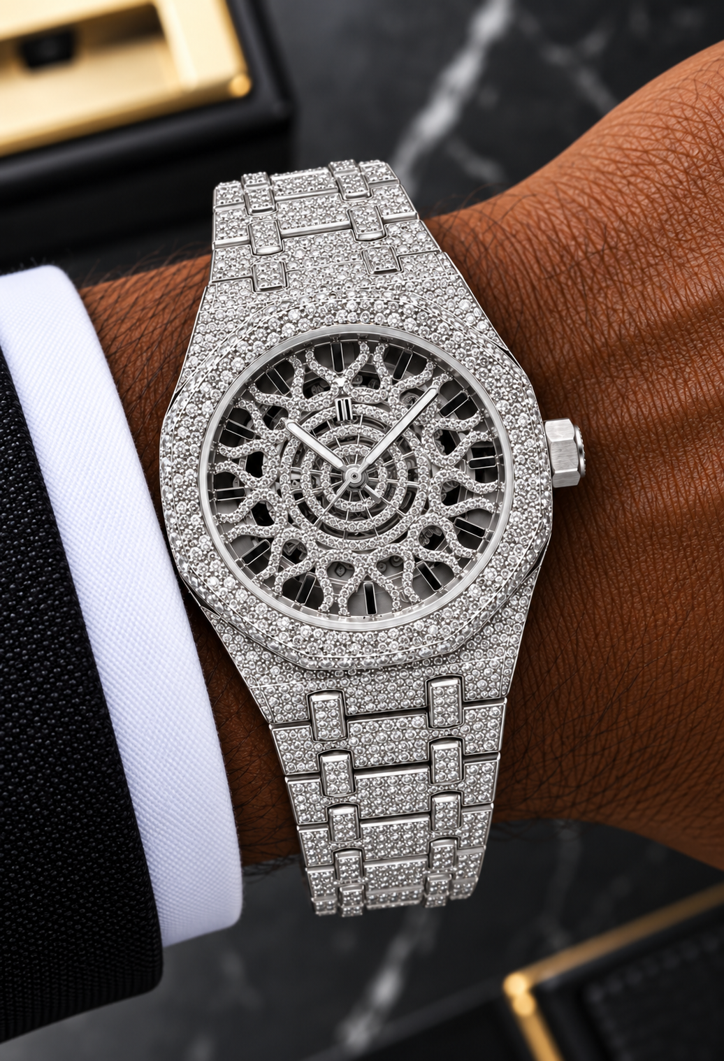 41MM Full Moissanite Skeleton Watch – Fully Iced-Out Silver Finish