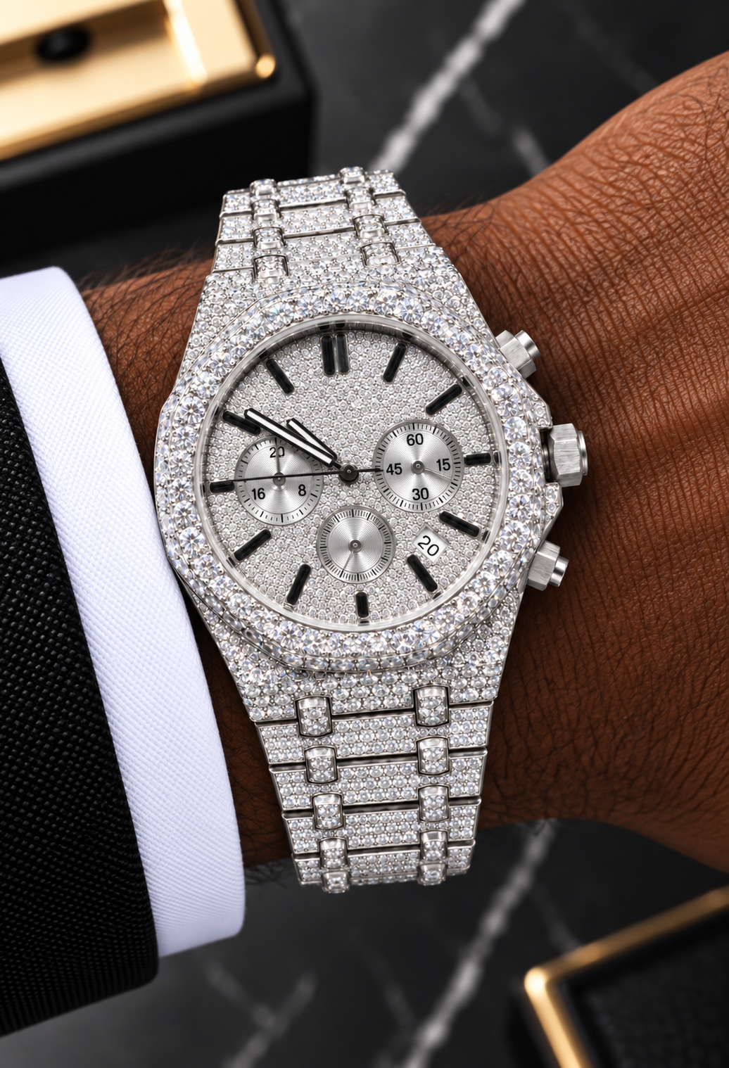 41MM Full Moissanite Chronograph Watch – Silver Iced-Out Edition