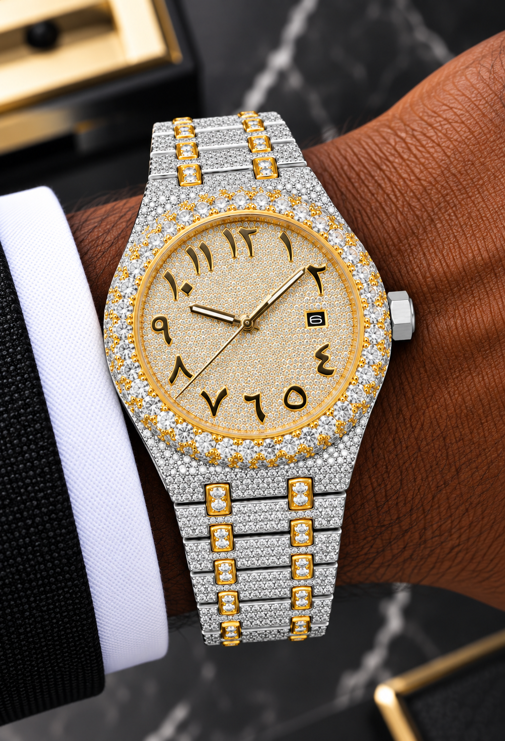 41MM Two-Tone Moissanite Arabic Dial Watch – Full Iced-Out Edition