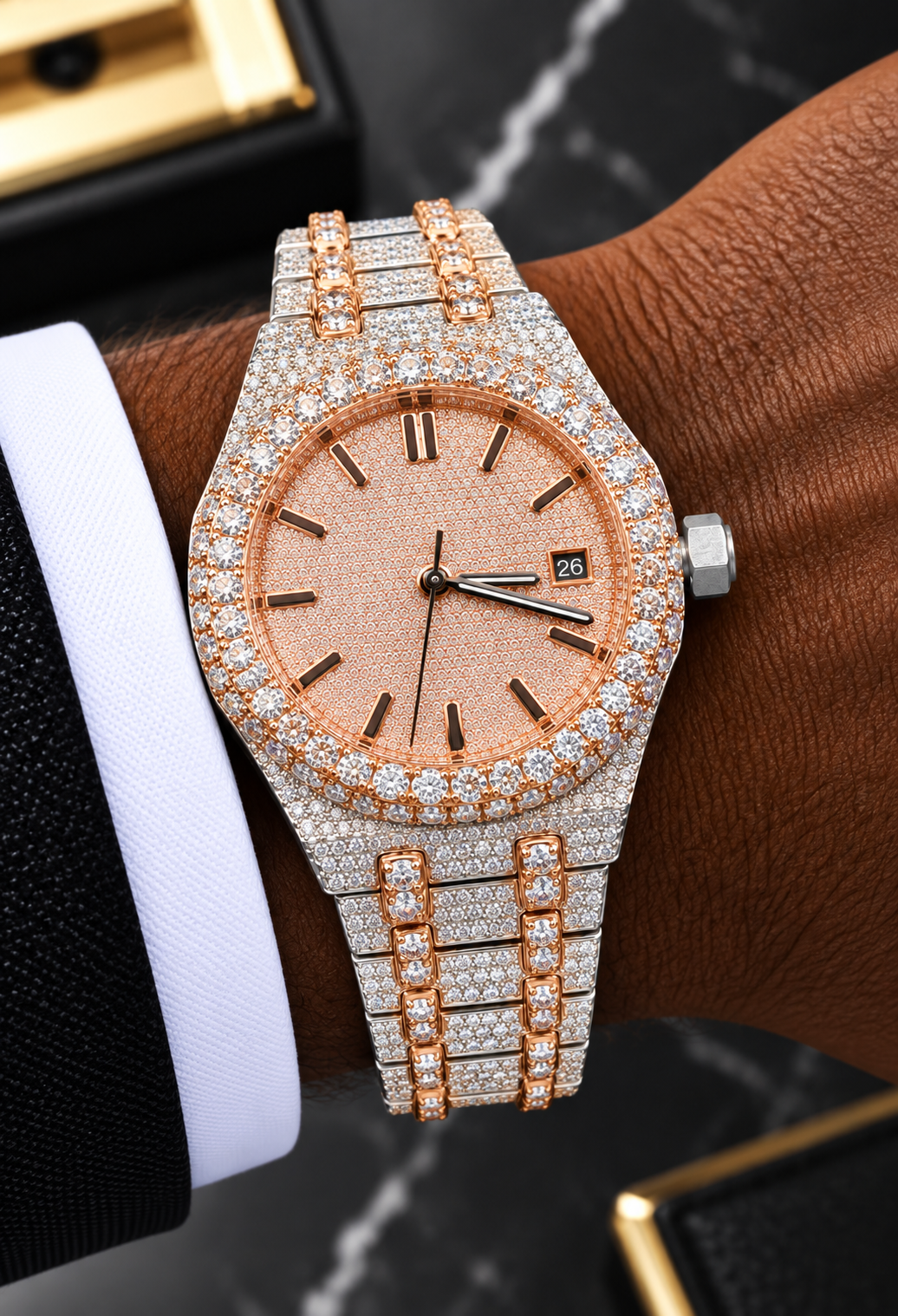 41MM Rose Gold & Silver Moissanite Watch – Full Iced-Out Edition