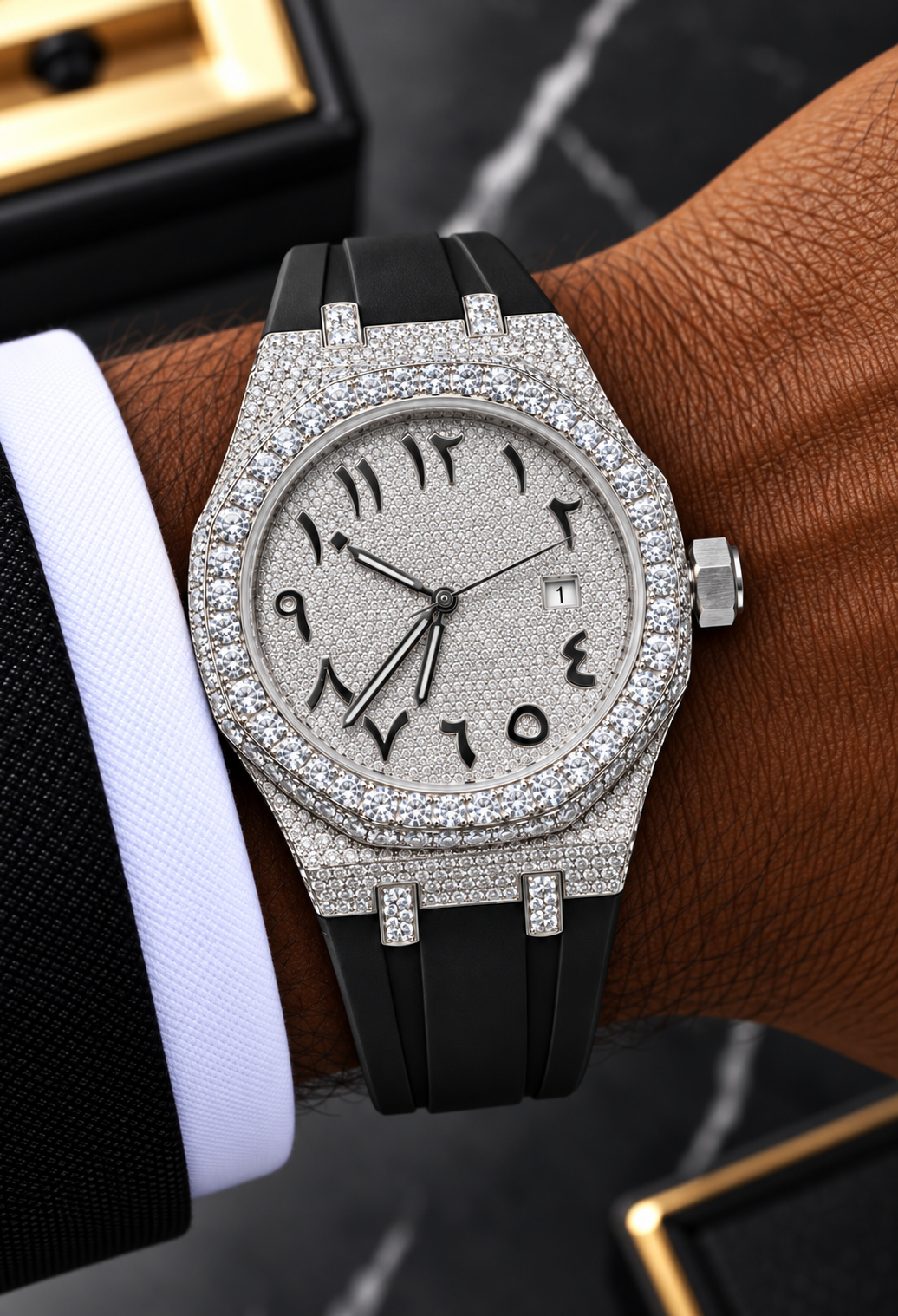 41MM Moissanite Arabic Dial Watch – Black Rubber Strap | Full Iced-Out