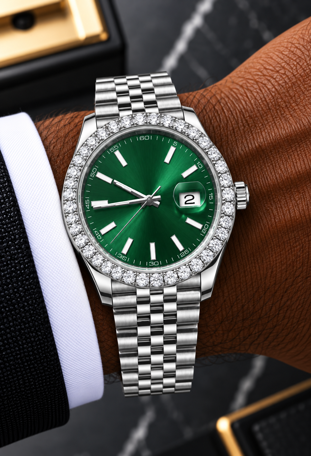 41MM Green Dial Moissanite Bezel Watch – Silver Stainless Steel
