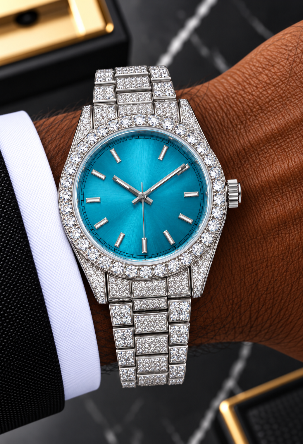 41MM Ice Blue Dial Full Moissanite Diamond Watch – Silver Tone